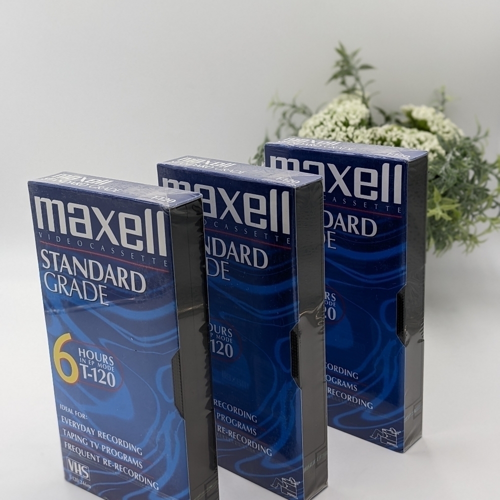 Set of 3, Maxell VHS Blank Video Cassette Standard Grade T-120 6 Hr‎ EP Mode New